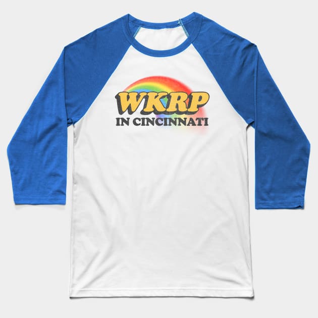 WKRP In Cincinnati Vintage-Style Faded Tribute Logo Design Baseball T-Shirt by DankFutura
